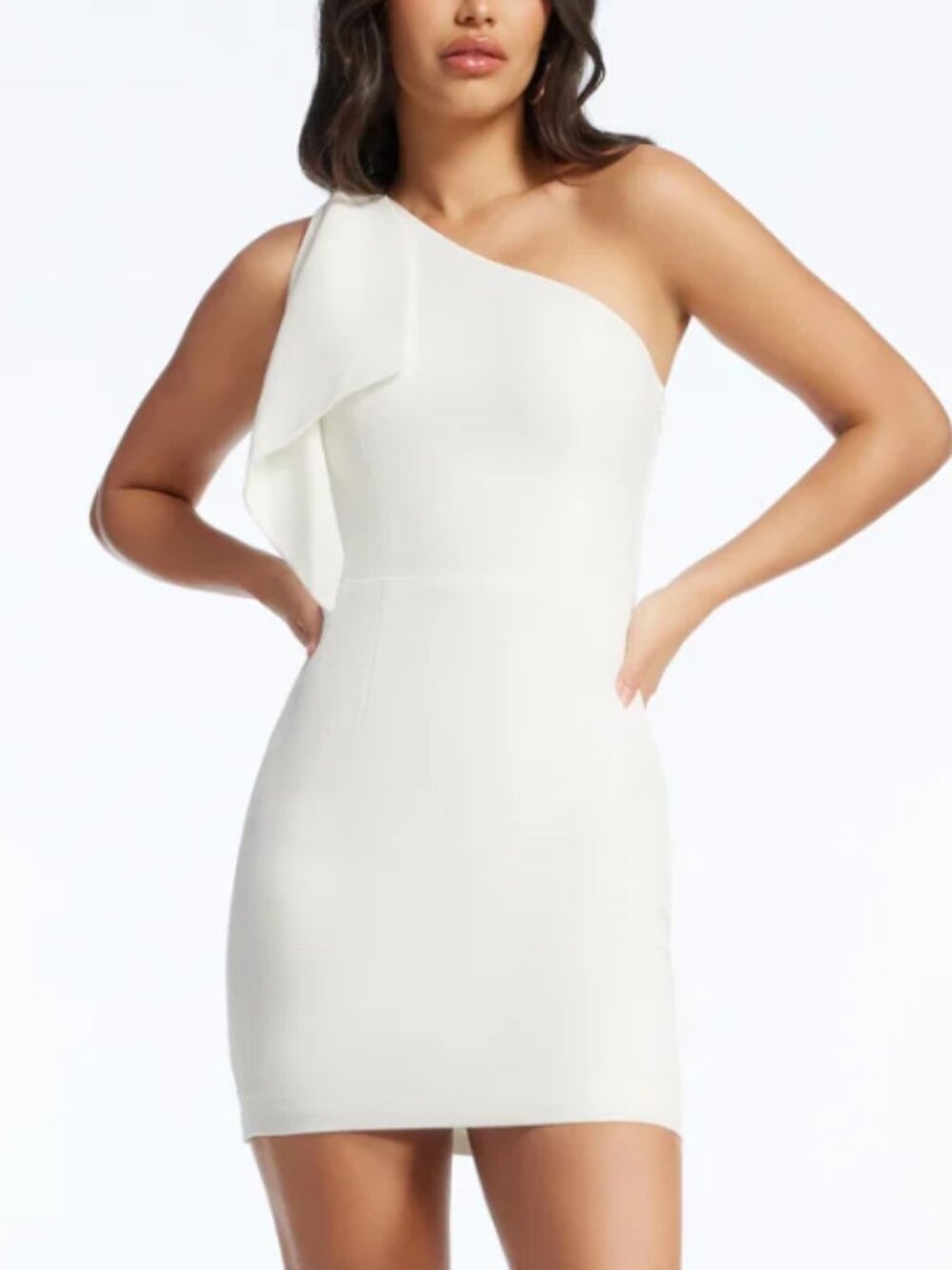 Dress the Population NWOT White One Shoulder Bow Crepe Mini Dress Size S